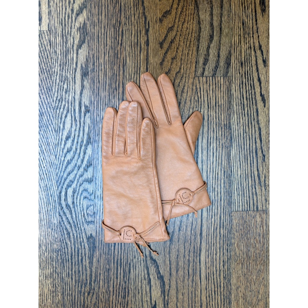 Liz Claiborne Leather Gloves Womens L Tan Excellent Lambskin Logo Medallion
